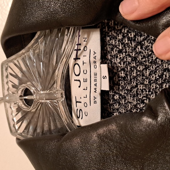 St John Collection Marie Grey Vintage Knit Short Jacket Leather trim sz S - Picture 7 of 13